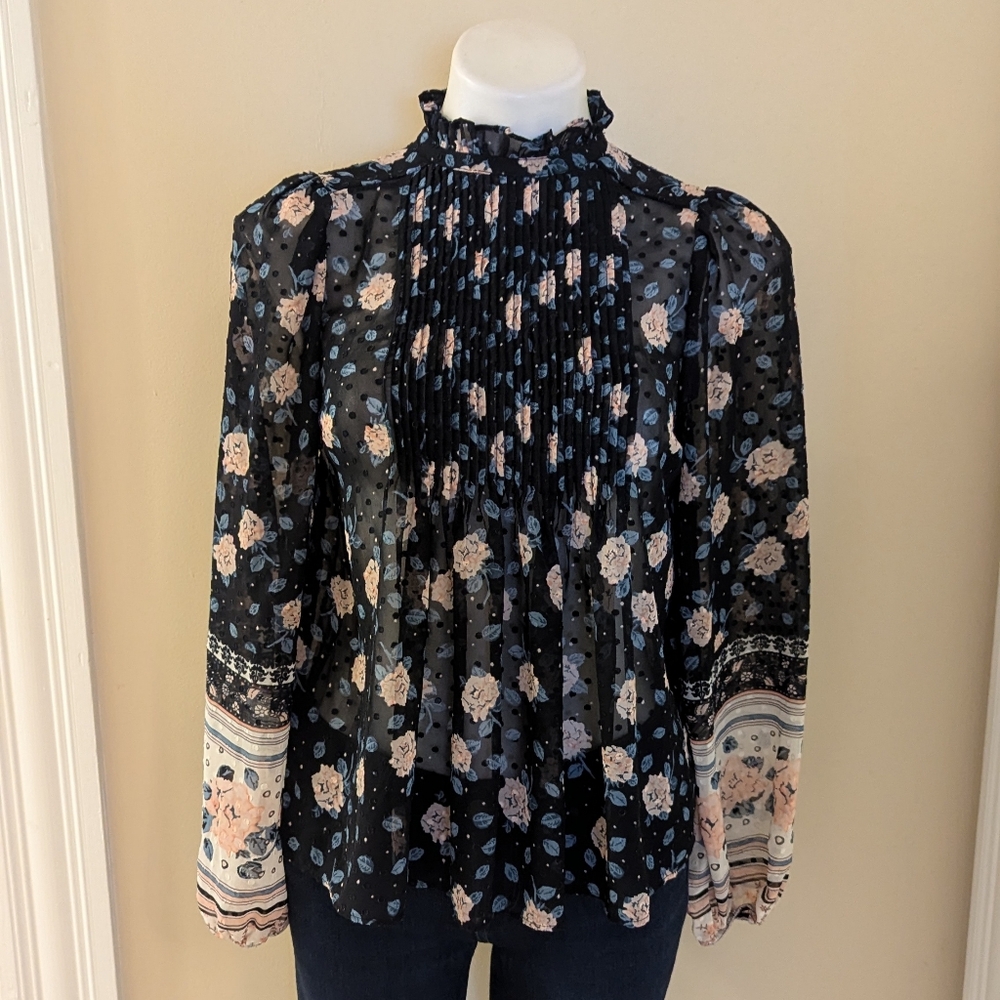 Maison d' 'Amelie Paris black, blue and pink sheer floral and polka dot top XS